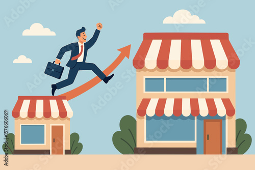 Concept of business growth and expansion. Confident businessman jumping from a small shop to a larger store. Metaphor for success, scaling up, franchise opportunity, and retail investment.