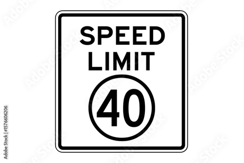 Speed Limit 40 Road Sign Vector. Traffic Regulation Symbol. Printable Black and White Highway Signage. Urban Street Safety Icon. Transportation Law. Editable EPS PNG Clipart