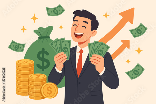 Businessman earning money, making profit from investment. Happy millionaire holding cash. Financial success, income or salary increase, wealth growth, get rich vector concept.