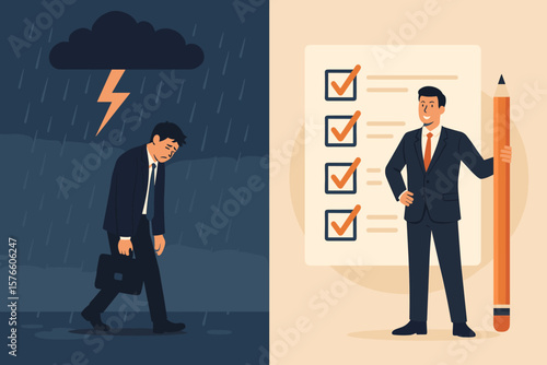 Businessman success and failure metaphor. Happy manager with checklist vs sad depressed man in rain. Burnout, stress, problem and solution concept. Before and after comparison.