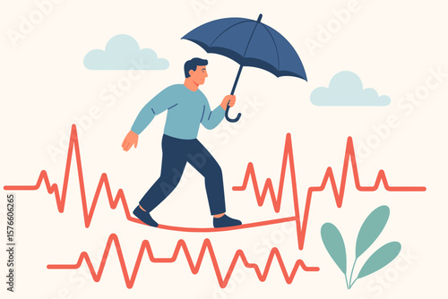 Health insurance protection concept. Confident man with umbrella walking on risky ECG heartbeat line. Medical risk, patient safety, disease prevention, healthcare security, heart care.