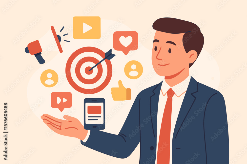 Digital marketing manager with social media icons. Online advertising and promotion campaign concept. Customer target audience, branding communication, content strategy vector. Digital marketing manager with social media icons. Online advertising and promotion campaign concept. Customer target audience, branding communication, content strategy vector.