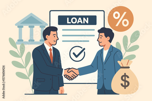 Loan agreement concept. Businessman shaking hands with a bank agent. Borrow money for a mortgage or personal loan. Financial support, investment, and debt with interest rate.