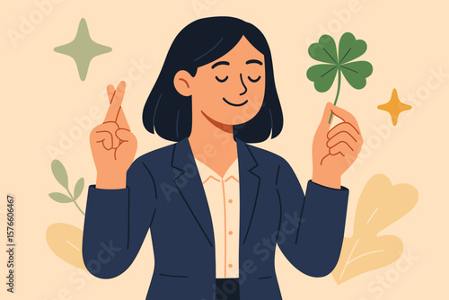 Lucky businesswoman with crossed fingers holding four-leaf clover, wishing for success, career opportunity, good fortune, happiness, hope, positive mindset, luck at work concept