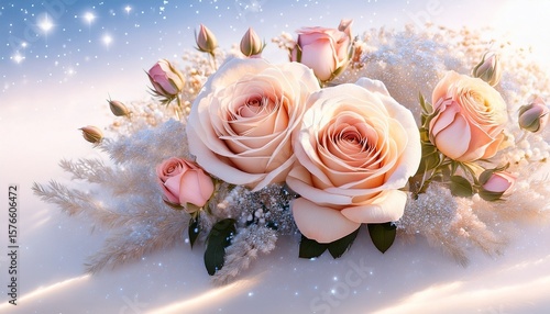 a soft and romantic rose bouquet in the center of a field under a starry sky with a blank white background