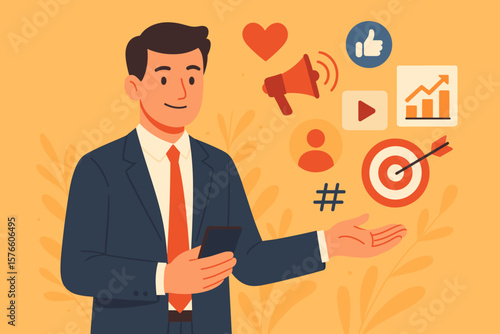 Marketing manager with phone for social media promotion campaign. Online advertising, content strategy, and customer targeting for business growth. Branding communication concept.