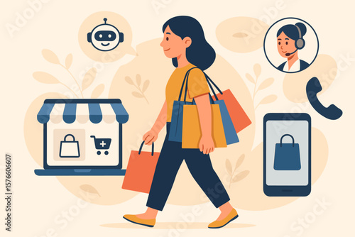 Omnichannel marketing strategy for customer experience. Woman with shopping bags using multi channel retail. E-commerce, website, mobile app, chatbot and call center support.
