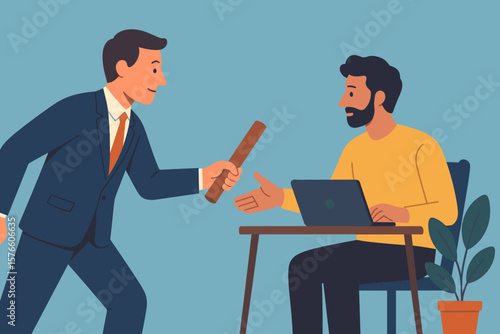 Outsourcing work concept. Businessman boss passing relay baton to remote worker or freelancer. Hiring outside talent for a project. Teamwork delegation and handover metaphor.
