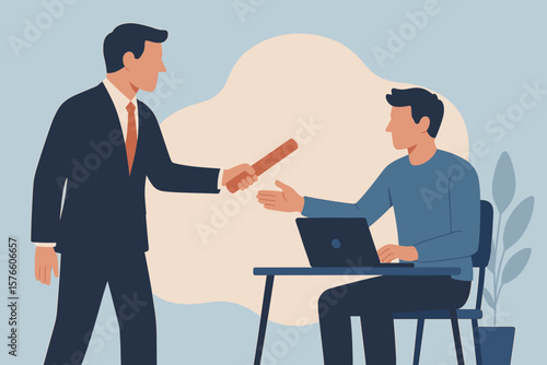 Outsourcing work concept. Manager passing baton to remote worker or freelancer. Business delegation, hiring outside team for service. Handover and collaboration vector.