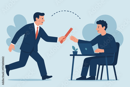 Outsourcing work concept. Manager passing relay baton to remote freelancer. Business delegation, hiring outside worker, telework, and teamwork metaphor. Transferring tasks.