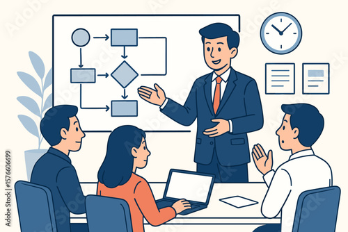 Procedure and workflow planning process. Businessman leader presenting a flowchart for company policy. Standard operating procedure for project management and business development.