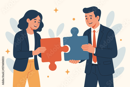 Business team collaboration, teamwork concept. Man and woman coworkers work together, connecting puzzle pieces. Partnership and cooperation for success and problem solving.