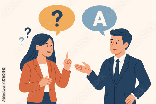 Question and answer session concept with business people. Man and woman talking. Problem solving, FAQ, and discussion. Frequently asked questions or consulting service vector.