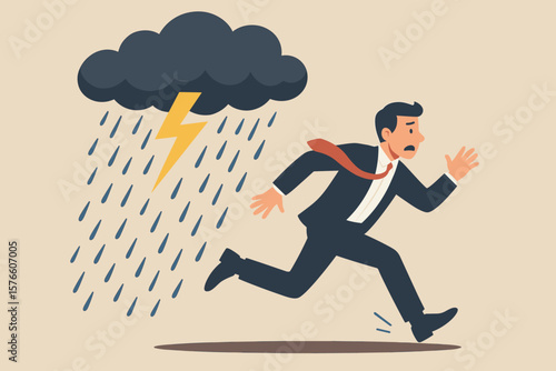 Businessman Running from Crisis Storm, Escaping Disaster, Bankruptcy, Danger, Failure, Overwork, Anxiety, Work Stress, Corporate Pressure, Risk Management Concept