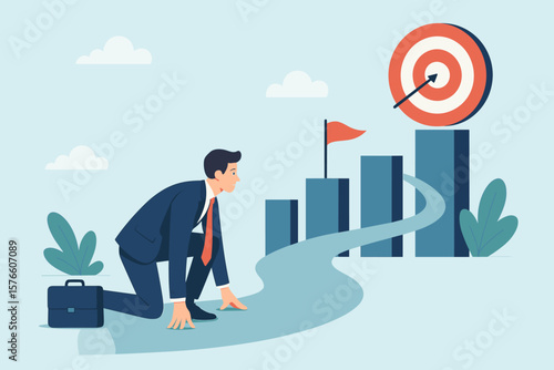 Businessman Starting Career Journey Toward Success, Overcoming Challenges, Achieving Milestones, Reaching Goals, Entrepreneurship, Motivation, Target Achievement Concept Illustration