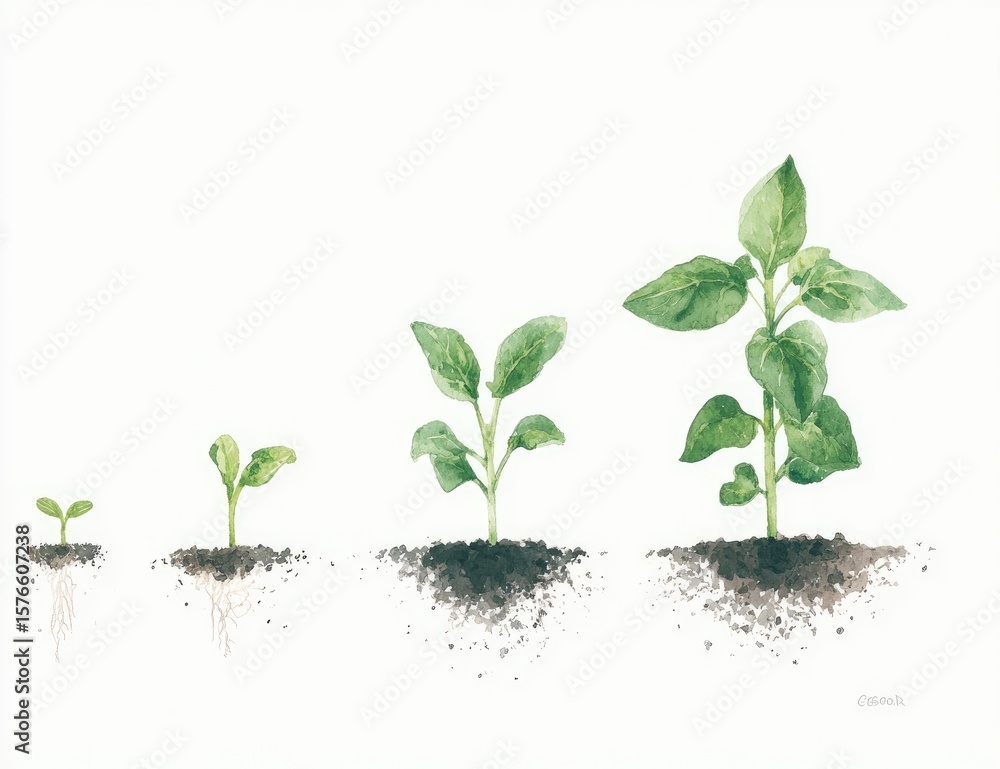 Naklejka premium Stages of plant growth illustrated. Four young plants emerge from soil, showing development