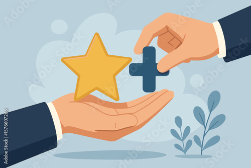 Value added, increase product value or price for profit, business advantage, benefit development concept, businessman hand holding gold star and plus sign, improvement success