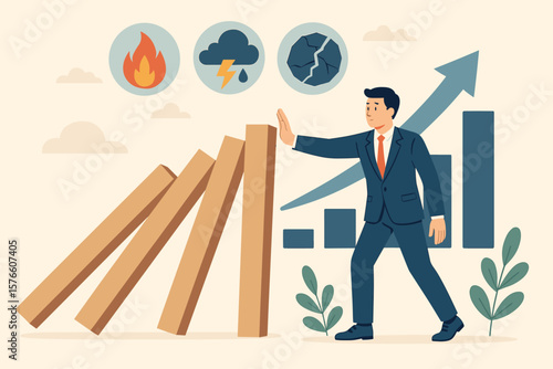 Risk management strategy concept. Businessman stopping domino effect. Metaphor for preventing chain reaction and crisis. Business protection, finance resilience and stability.