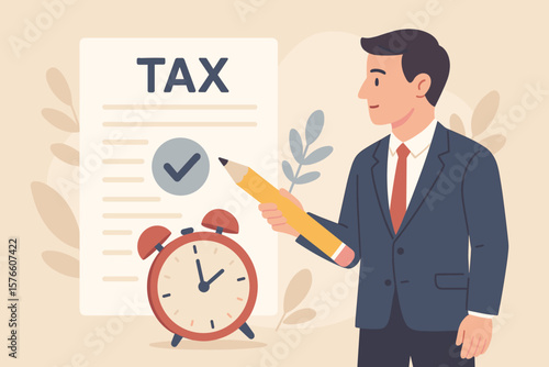 Tax time reminder, income tax planning, government payment deadline, financial refund schedule, revenue calculation concept, businessman with pencil, tax document, alarm clock