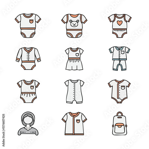 A collection of cute baby clothes and infant wear icons in flat vector design, isolated on white. Includes bodysuits, rompers, dresses, shirts, a baby backpack, and a female figure