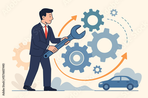 Business improvement and optimization concept. Businessman holding wrench for adjustment and fine-tuning. Change management. Repair and maintenance service for smooth process.