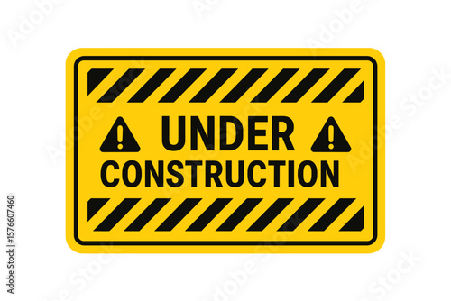 Caution Under Construction Sign. Warning Banner for Website Maintenance, Roadwork, Construction Site Safety. Vector Illustration. Hazard Symbol. Yellow Black Stripes. Isolated Transparent Background