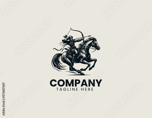 Dynamic Mounted Archer Galloping Horse Ancient Warrior Vector Logo Design