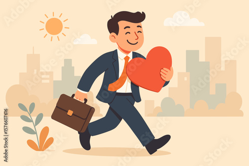 Motivated businessman holding heart symbol briefcase running city background. Passion for work, career success, love your job, dream job, workplace happiness, motivation concept