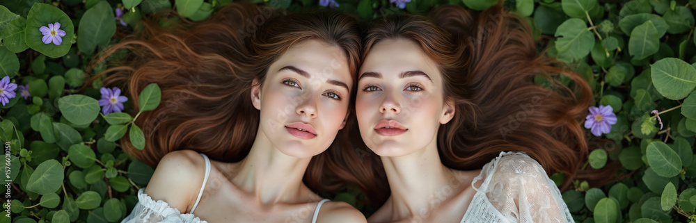 Two young women lie on green meadow surrounded by purple flowers. One woman Asian features, Caucasian. Long brown hair spread out, creating romantic, dreamlike atmosphere. Natural beauty portrait Two young women lie on green meadow surrounded by purple flowers. One woman Asian features, Caucasian. Long brown hair spread out, creating romantic, dreamlike atmosphere. Natural beauty portrait