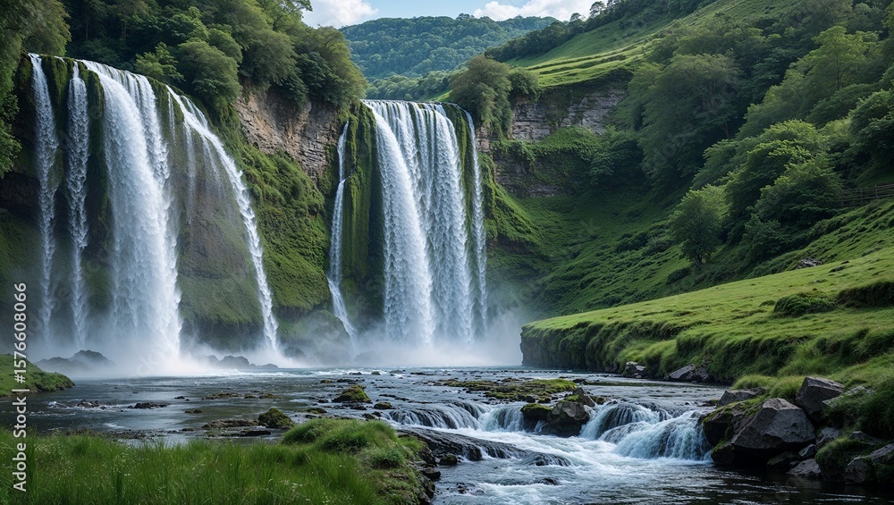 Naklejka premium A majestic and powerful waterfall cascades into a beautiful river flowing through a lush, green mountain valley in a pristine and tranquil natural paradise