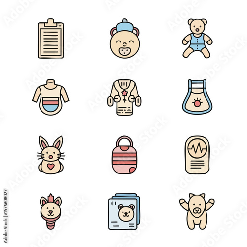 A comprehensive set of flat design vector icons related to baby care and infancy