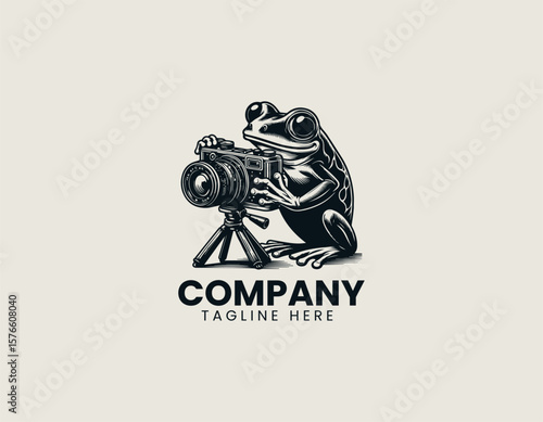 Whimsical Frog Photographer Holding Camera Creative Photography Vector Logo Design