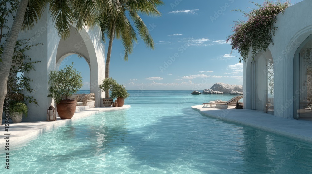 Fototapeta premium Serene Coastal Villa with Infinity Pool and Palm Trees
