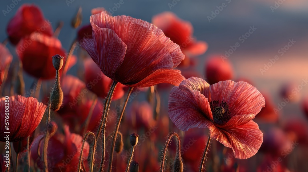 Obraz premium Sunset Symphony: A Field of Crimson Poppies at Golden Hour
