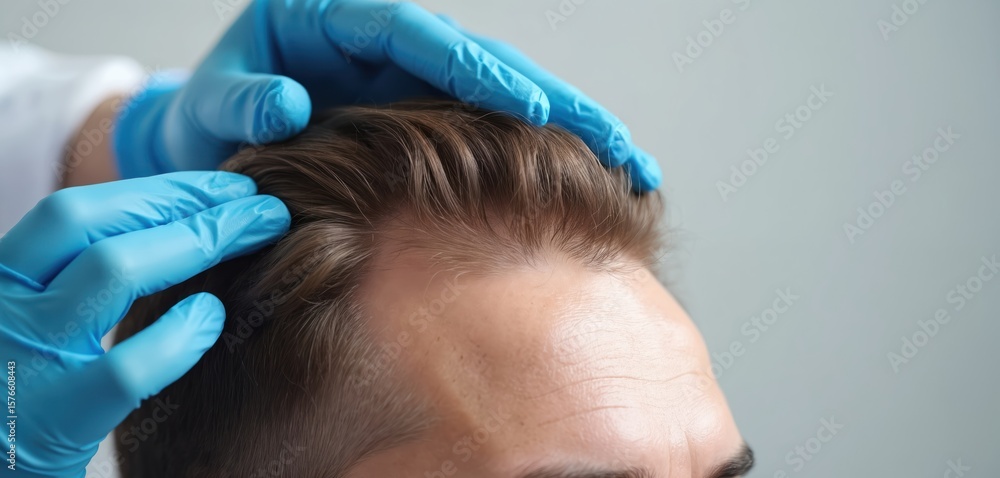 Naklejka premium Close-up of PRP hair restoration procedure. Doctor hands in blue gloves examine patient scalp for hair growth treatment. Medical clinic setting emphasizes health benefits, rejuvenation for baldness.