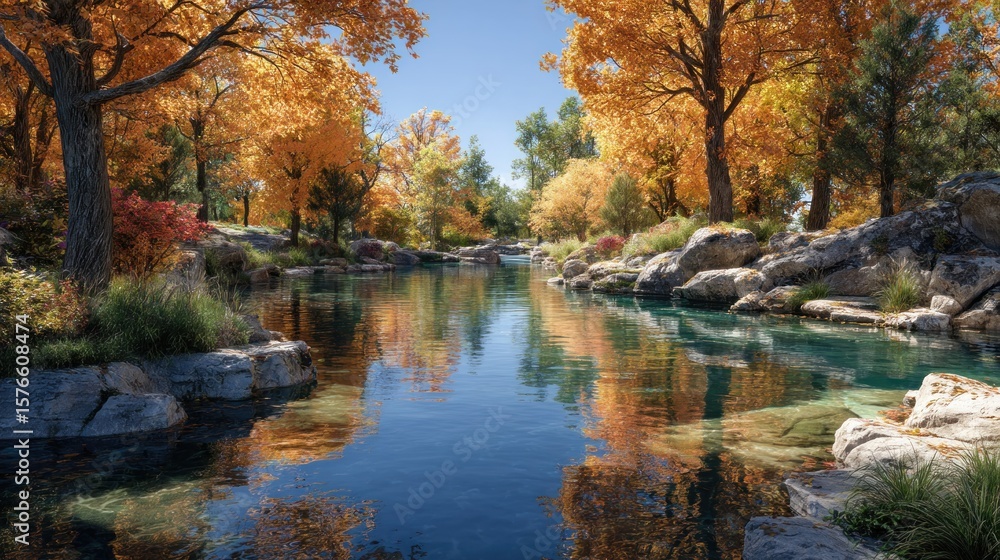 Fototapeta premium Serene Autumn River Reflecting Golden Trees in a Picturesque Landscape