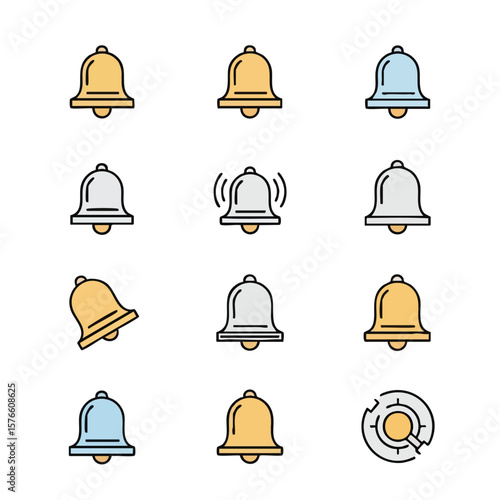 A versatile collection of flat design bell and notification icons for modern digital interfaces. This comprehensive set includes static, ringing, and tilted bells in gold, silver, and light blue