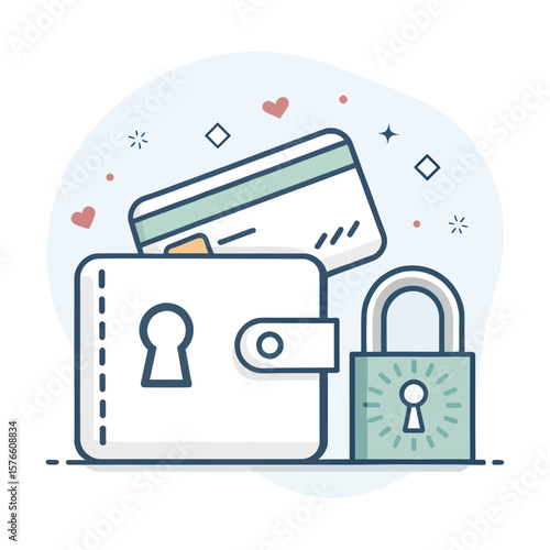 Secure Wallet: The illustration captures a wallet paired with a credit card and a padlock, alluding to the safety and security of finances. Heart symbols sprinkle above the wallet.