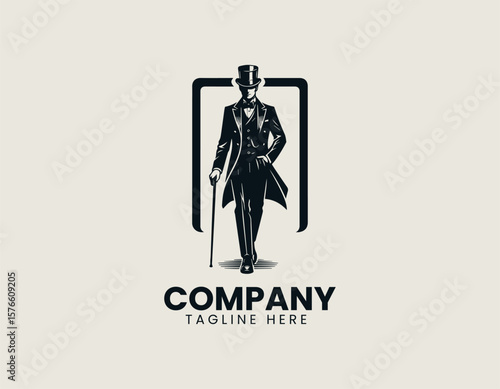 Elegant Gentleman Striding Top Hat Classic Sophistication Vector Logo Design
