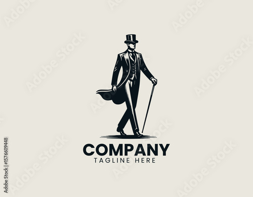 Elegant Gentleman Striding Top Hat Classic Sophistication Vector Logo Design