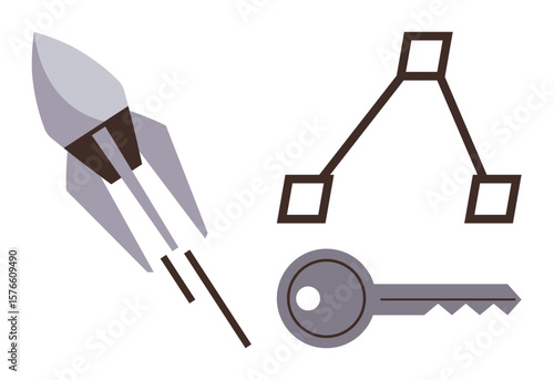 Rocket launching, key, and hierarchical diagram symbolizing innovation, security, organization, access, growth, development and systems thinking. Ideal for business technology strategy simple