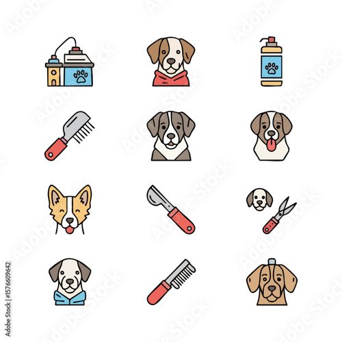 Collection of line drawing icons depicting pet care and grooming. This set includes dog grooming supplies like brushes, shampoo, clippers and cute dog faces