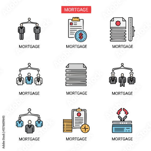 Collection of mortgage icons in flat design style. These icons represent various aspects of mortgages, loans, real estate, and financial transactions. Great for web design, and presentations
