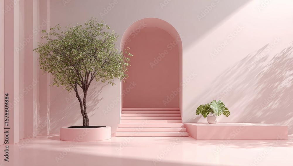 Fototapeta premium Pastel pink interior with archway and tree