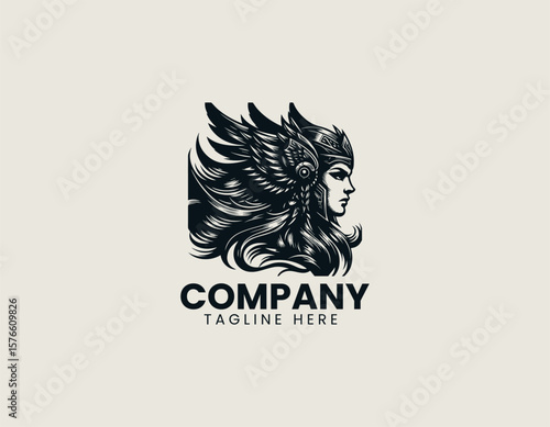 Valiant Valkyrie Warrior Woman Winged Helmet Divine Strength Vector Logo Design