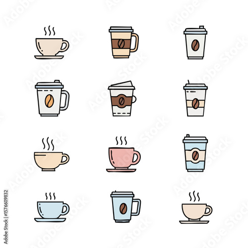 Wallpaper Mural Collection of outlined coffee cup icons. Illustration of hot beverages, including coffee and tea, in various cup styles. Perfect for menus, cafe promotions, or illustrating a coffee break Torontodigital.ca