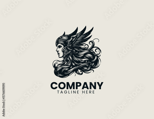 Valiant Valkyrie Warrior Woman Winged Helmet Divine Strength Vector Logo Design