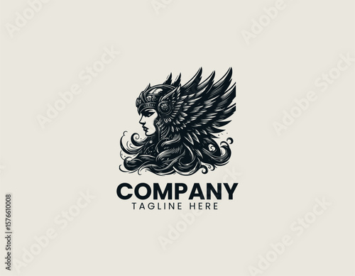 Valiant Valkyrie Warrior Woman Winged Helmet Divine Strength Vector Logo Design