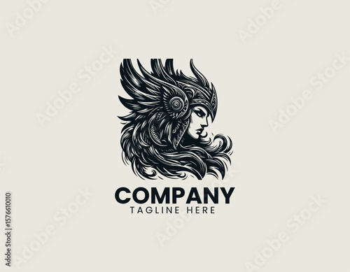 Valiant Valkyrie Warrior Woman Winged Helmet Divine Strength Vector Logo Design