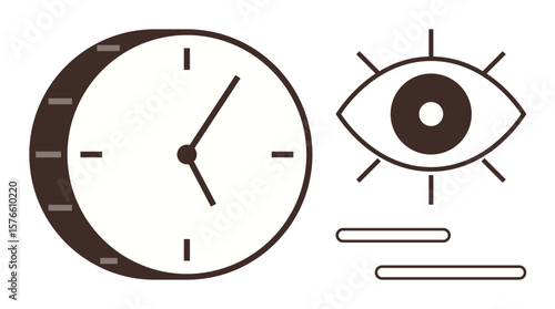 Clock and eye with lines symbolize time tracking, focus, productivity, and efficiency. Ideal for organization, mindfulness, work-life balance, deadlines scheduling and attention. Simple flat